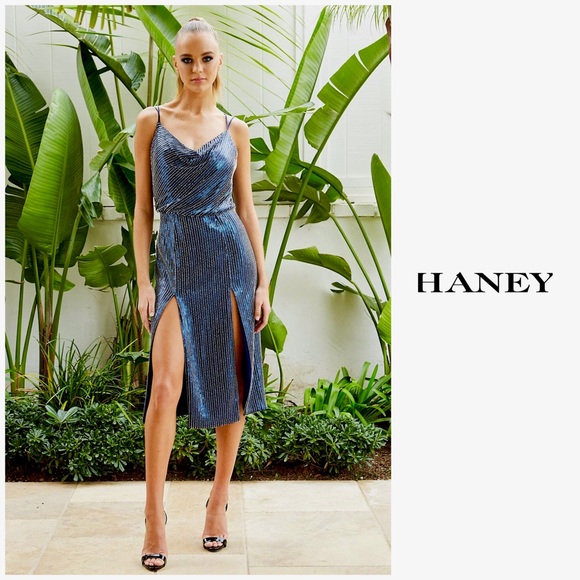 NWT Haney Elise Sequin Embellished Thigh-Slit Midi Cocktail Dress Flapper Gatsby - Picture 6 of 16